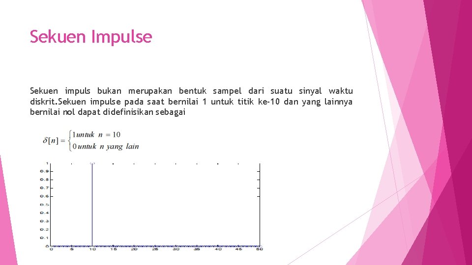 Sekuen Impulse Sekuen impuls bukan merupakan bentuk sampel dari suatu sinyal waktu diskrit. Sekuen
