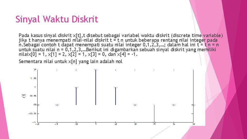 Sinyal Waktu Diskrit Pada kasus sinyal diskrit x[t], t disebut sebagai variabel waktu diskrit