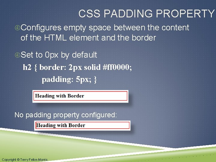 CSS PADDING PROPERTY Configures empty space between the content of the HTML element and