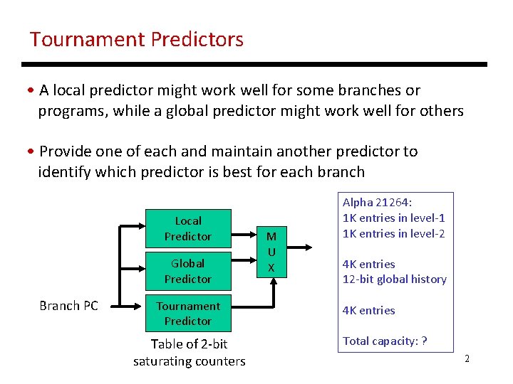 Tournament Predictors • A local predictor might work well for some branches or programs,