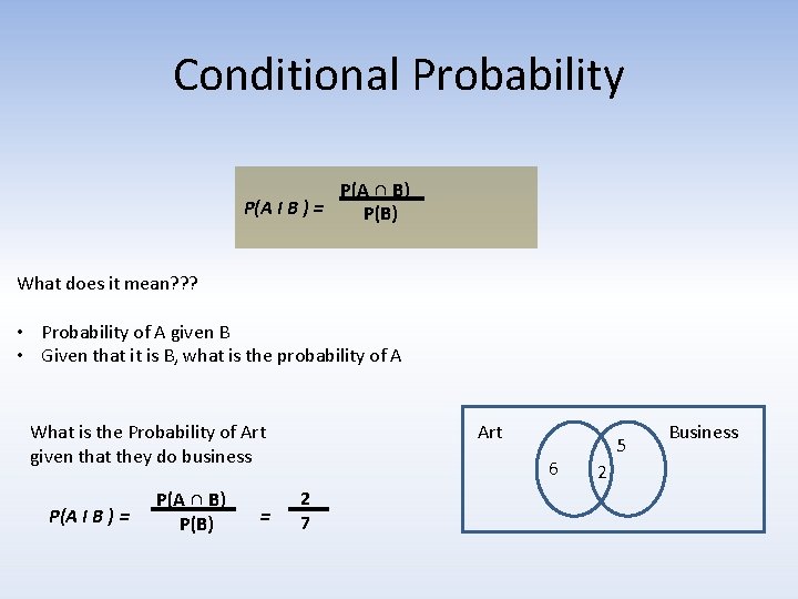 Conditional Probability P(A ∩ B) P(A I B ) = P(B) What does it Conditional Probability P(A ∩ B) P(A I B ) = P(B) What does it