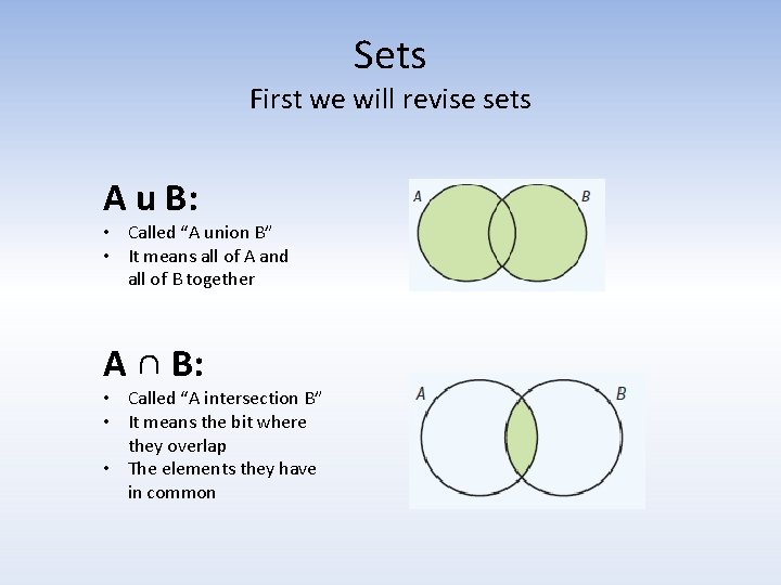 Sets First we will revise sets A u B: • Called “A union B” Sets First we will revise sets A u B: • Called “A union B”