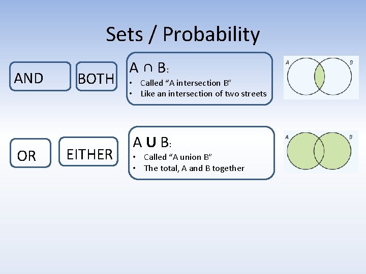 Sets / Probability AND OR BOTH EITHER A ∩ B: • Called “A intersection