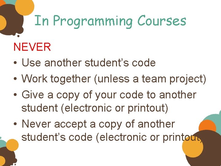 In Programming Courses NEVER • Use another student’s code • Work together (unless a