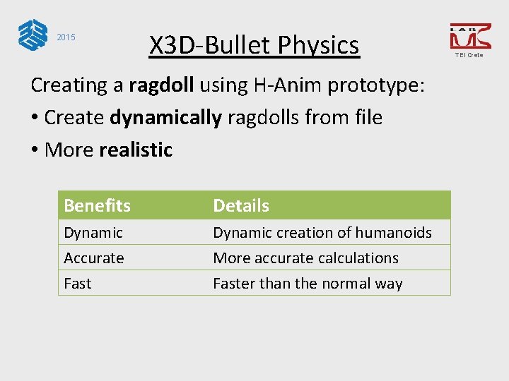 2015 X 3 D-Bullet Physics Creating a ragdoll using H-Anim prototype: • Create dynamically
