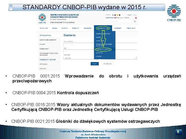 STANDARDY CNBOP-PIB wydane w 2015 r. • CNBOP-PIB 0001: 2015 przeciwpożarowych • CNBOP-PIB 0004: