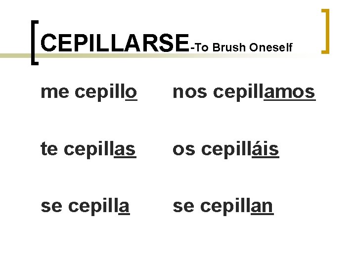 CEPILLARSE-To Brush Oneself me cepillo nos cepillamos te cepillas os cepilláis se cepillan 