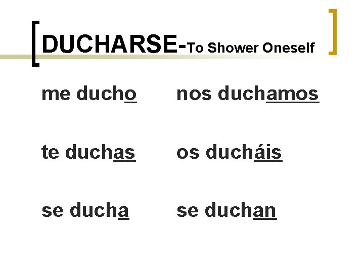 DUCHARSE-To Shower Oneself me ducho nos duchamos te duchas os ducháis se duchan 
