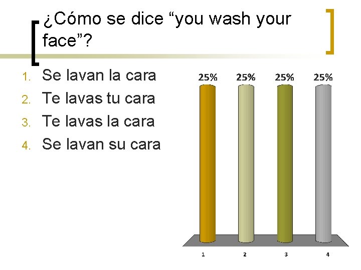 ¿Cómo se dice “you wash your face”? 1. 2. 3. 4. Se lavan la