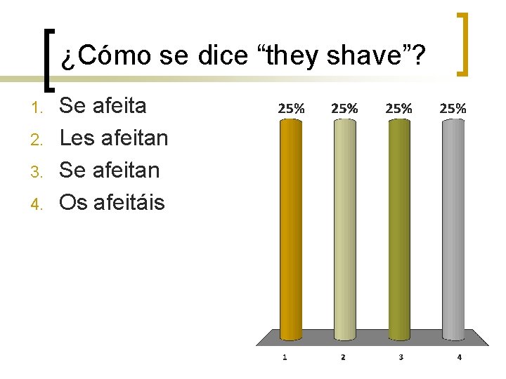 ¿Cómo se dice “they shave”? 1. 2. 3. 4. Se afeita Les afeitan Se