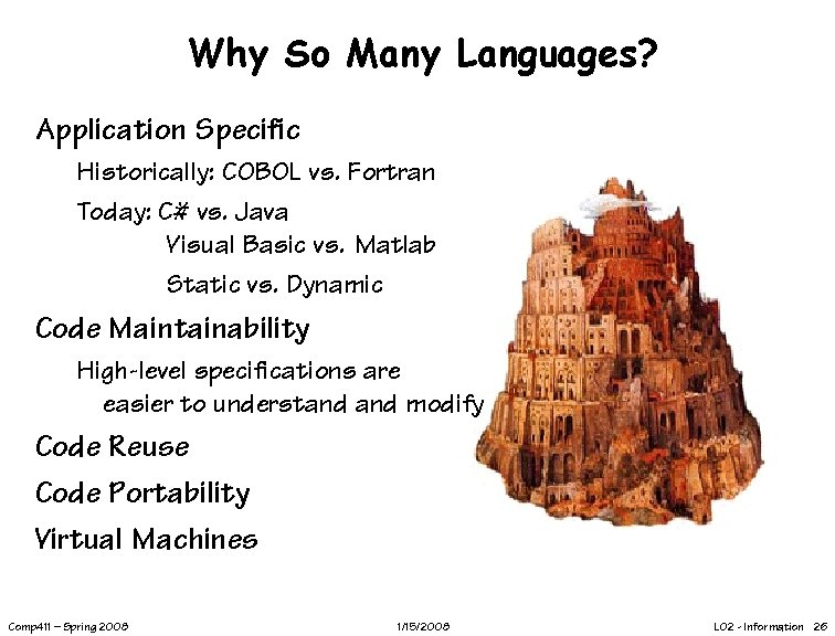 Why So Many Languages? Application Specific Historically: COBOL vs. Fortran Today: C# vs. Java