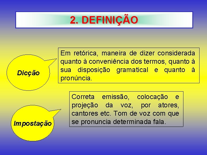 2. DEFINIÇÃO Dicção Impostação Em retórica, maneira de dizer considerada quanto à conveniência dos