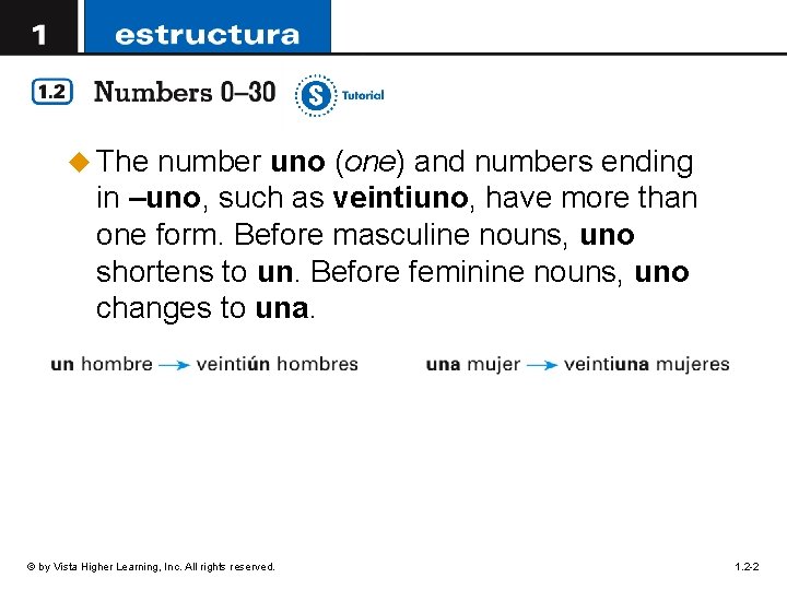 u The number uno (one) and numbers ending in –uno, such as veintiuno, have