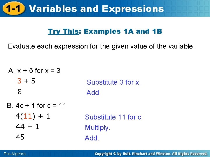 1 -1 Variables and Expressions Try This: Examples 1 A and 1 B Evaluate