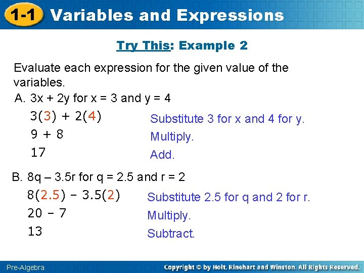 1 -1 Variables and Expressions Try This: Example 2 Evaluate each expression for the