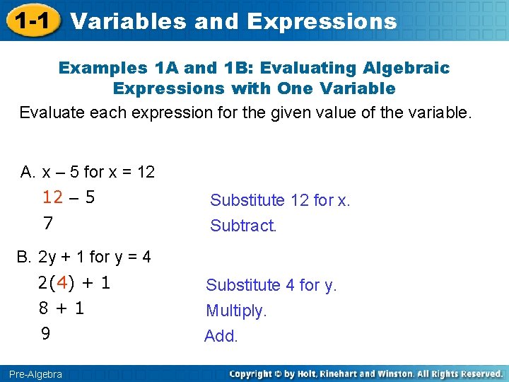 1 -1 Variables and Expressions Examples 1 A and 1 B: Evaluating Algebraic Expressions