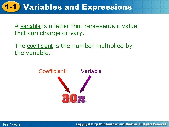1 -1 Variables and Expressions A variable is a letter that represents a value