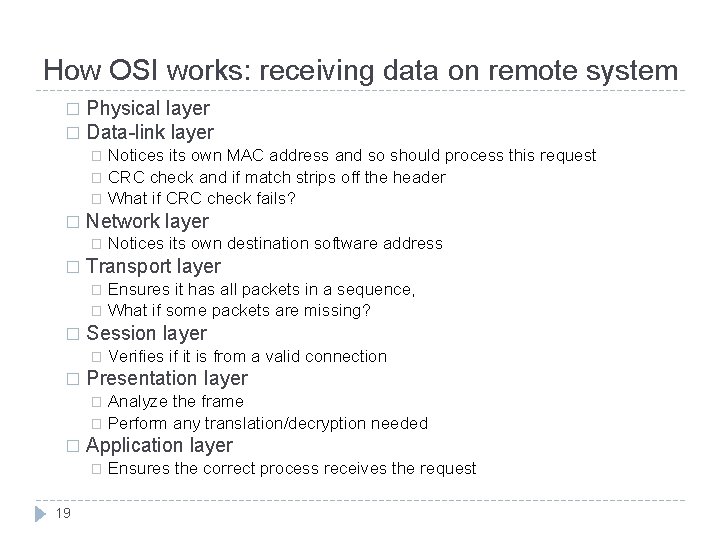 How OSI works: receiving data on remote system Physical layer � Data-link layer �