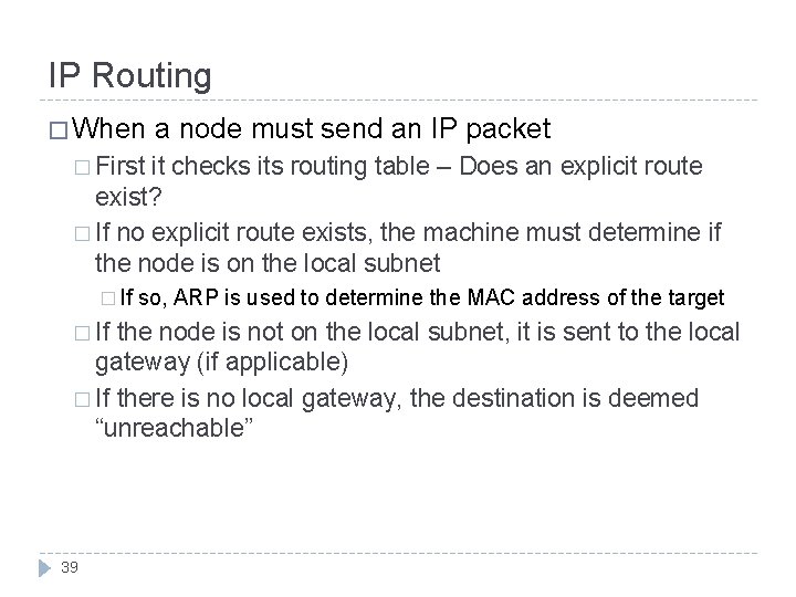 IP Routing � When a node must send an IP packet � First it