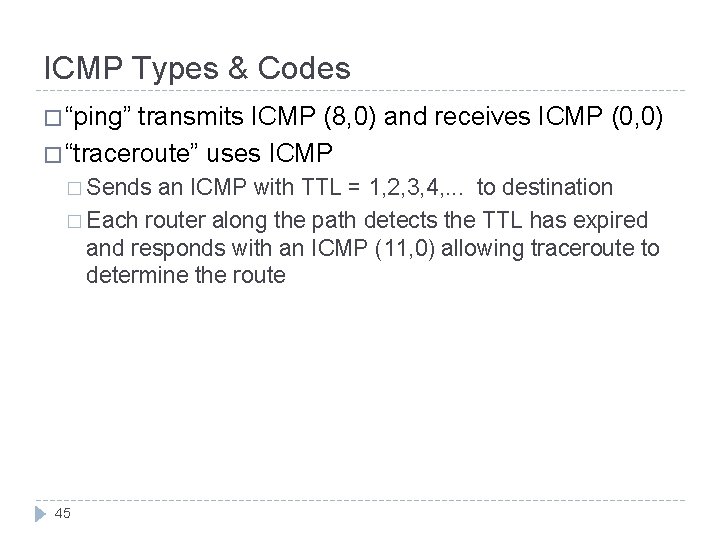 ICMP Types & Codes � “ping” transmits ICMP (8, 0) and receives ICMP (0,