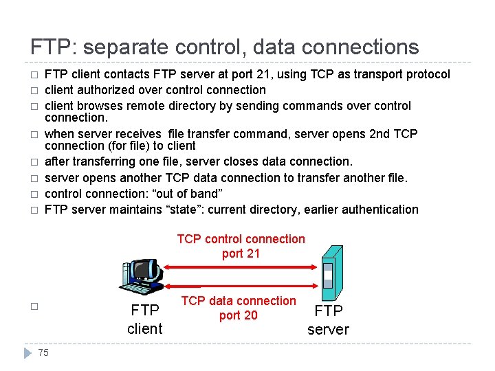 FTP: separate control, data connections � � � � FTP client contacts FTP server