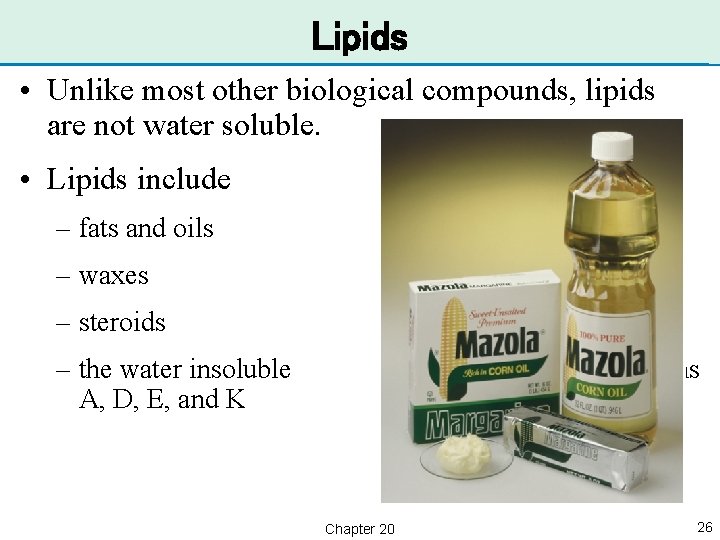 Lipids • Unlike most other biological compounds, lipids are not water soluble. • Lipids