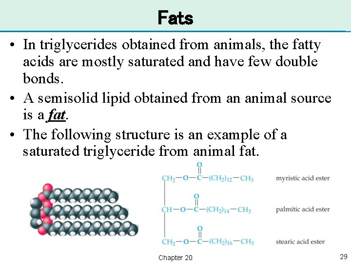 Fats • In triglycerides obtained from animals, the fatty acids are mostly saturated and