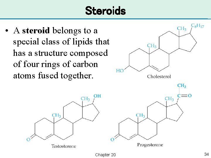 Steroids • A steroid belongs to a special class of lipids that has a