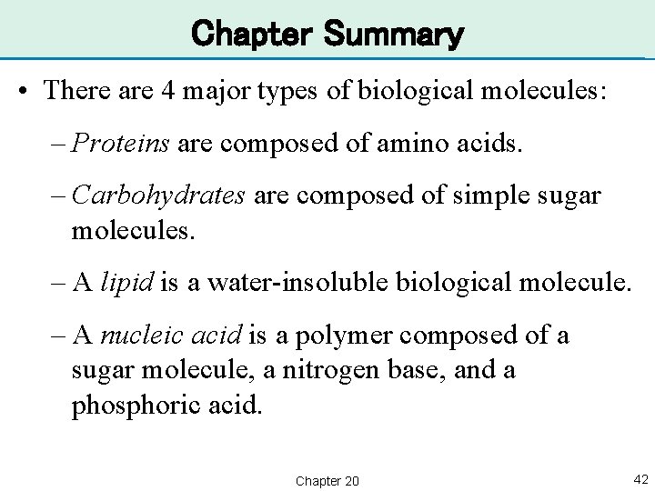 Chapter Summary • There are 4 major types of biological molecules: – Proteins are