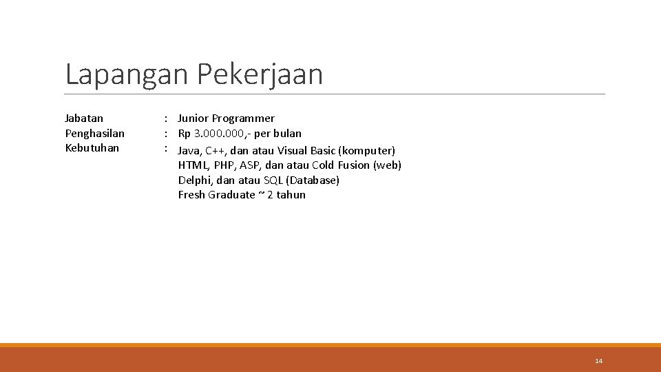 Lapangan Pekerjaan Jabatan Penghasilan Kebutuhan : Junior Programmer : Rp 3. 000, - per