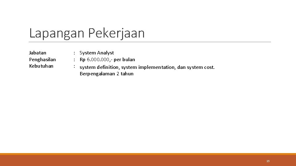 Lapangan Pekerjaan Jabatan Penghasilan Kebutuhan : System Analyst : Rp 6. 000, - per