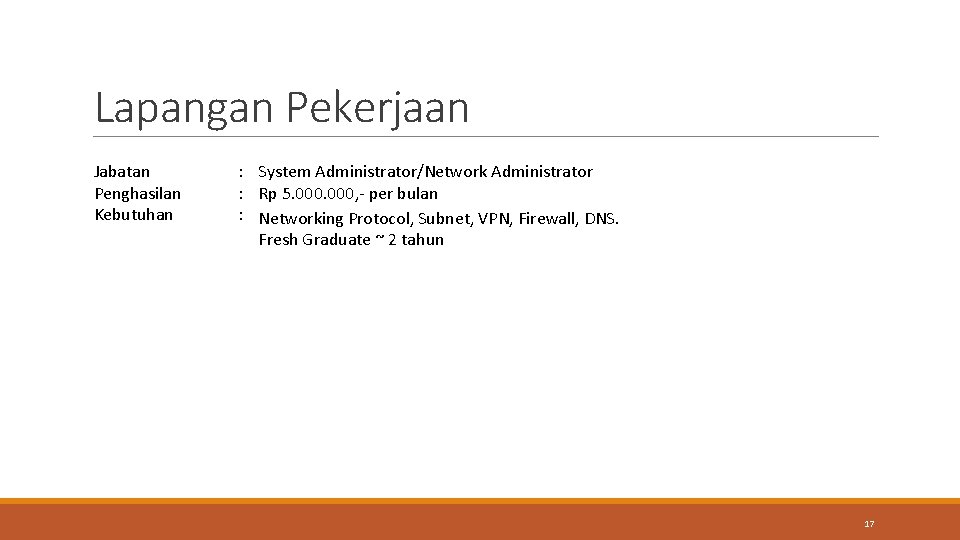 Lapangan Pekerjaan Jabatan Penghasilan Kebutuhan : System Administrator/Network Administrator : Rp 5. 000, -