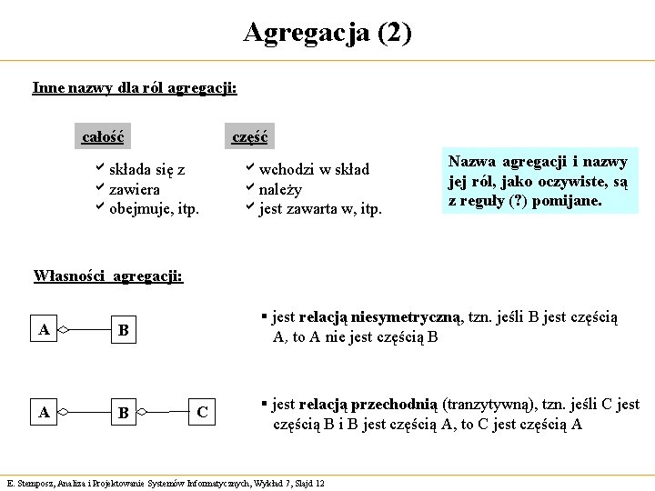 Agregacja (2) Inne nazwy dla ról agregacji: całość część askłada się z azawiera aobejmuje,