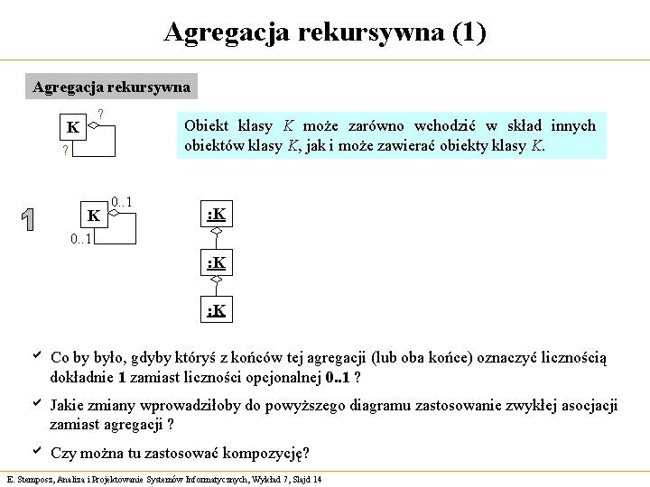 Agregacja rekursywna (1) Agregacja rekursywna ? K Obiekt klasy K może zarówno wchodzić w