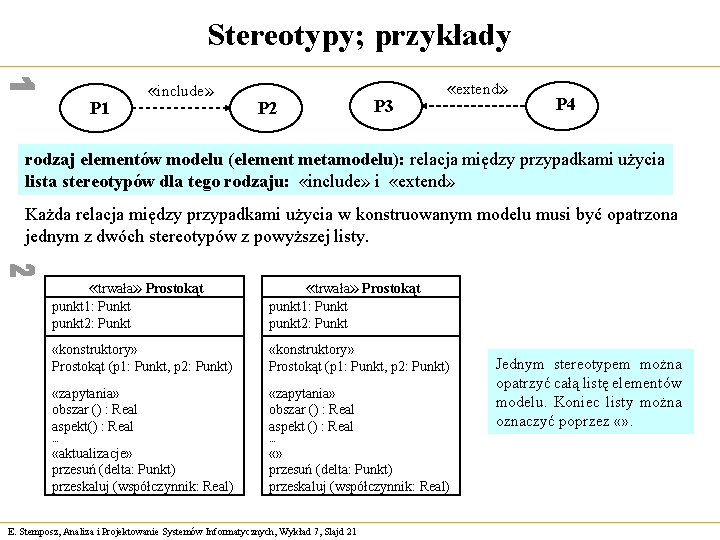 Stereotypy; przykłady P 1 «include» P 3 P 2 «extend» P 4 rodzaj elementów