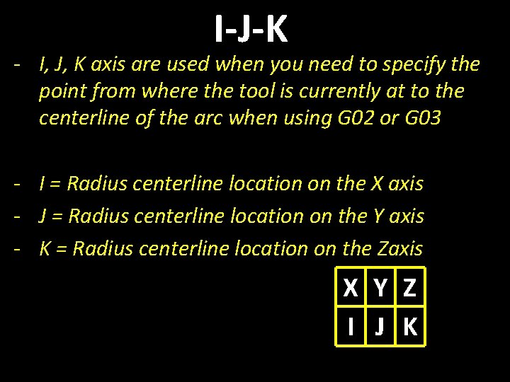 I-J-K - I, J, K axis are used when you need to specify the