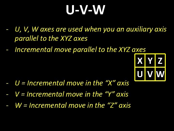 U-V-W - U, V, W axes are used when you an auxiliary axis parallel
