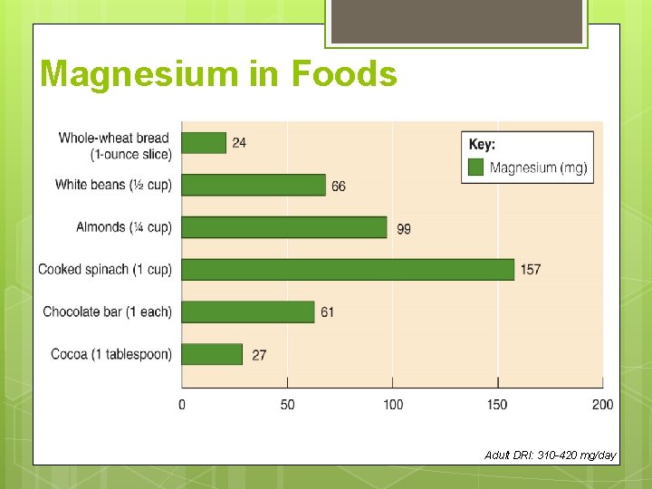 Magnesium in Foods Adult DRI: 310 -420 mg/day 