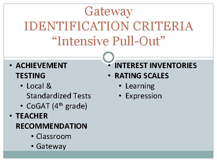 Gateway IDENTIFICATION CRITERIA “Intensive Pull-Out” • ACHIEVEMENT TESTING • Local & Standardized Tests •