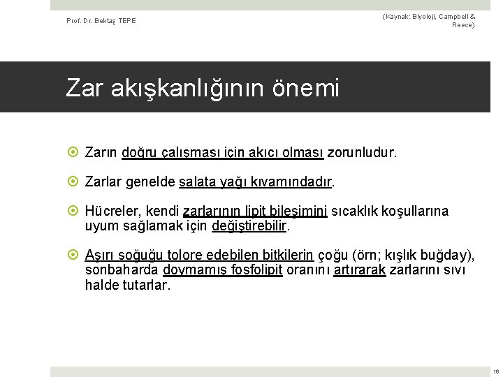 Prof. Dr. Bektaş TEPE (Kaynak: Biyoloji, Campbell & Reece) Zar akışkanlığının önemi Zarın doğru