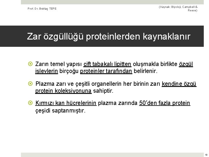 Prof. Dr. Bektaş TEPE (Kaynak: Biyoloji, Campbell & Reece) Zar özgüllüğü proteinlerden kaynaklanır Zarın