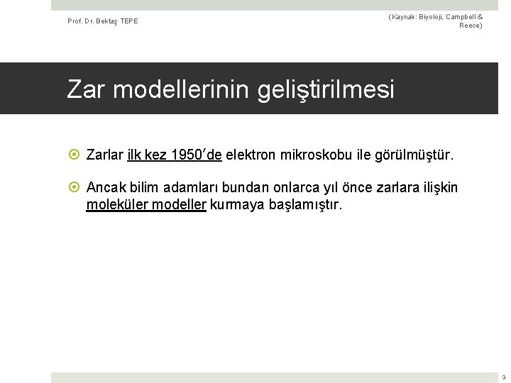 Prof. Dr. Bektaş TEPE (Kaynak: Biyoloji, Campbell & Reece) Zar modellerinin geliştirilmesi Zarlar ilk