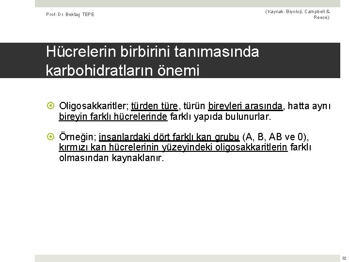 Prof. Dr. Bektaş TEPE (Kaynak: Biyoloji, Campbell & Reece) Hücrelerin birbirini tanımasında karbohidratların önemi