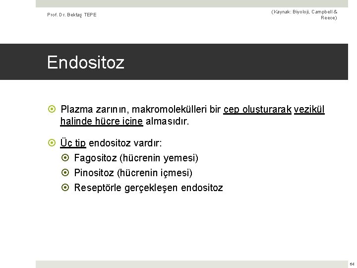 Prof. Dr. Bektaş TEPE (Kaynak: Biyoloji, Campbell & Reece) Endositoz Plazma zarının, makromolekülleri bir