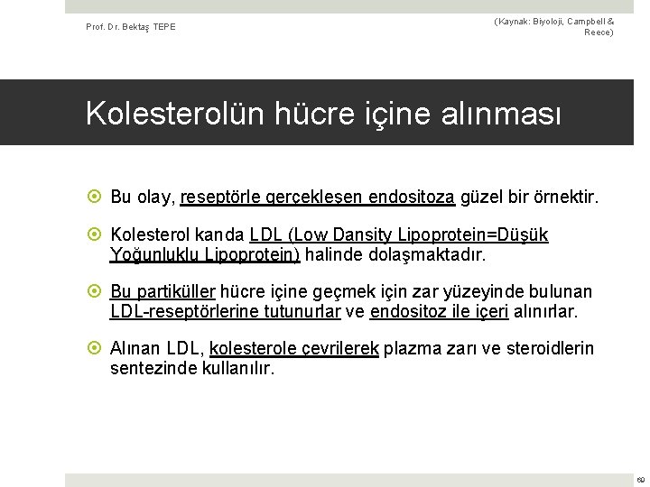 Prof. Dr. Bektaş TEPE (Kaynak: Biyoloji, Campbell & Reece) Kolesterolün hücre içine alınması Bu