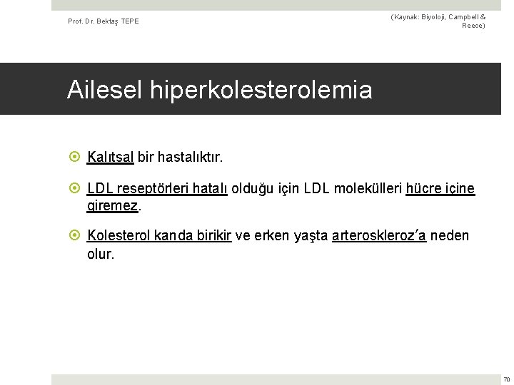 Prof. Dr. Bektaş TEPE (Kaynak: Biyoloji, Campbell & Reece) Ailesel hiperkolesterolemia Kalıtsal bir hastalıktır.