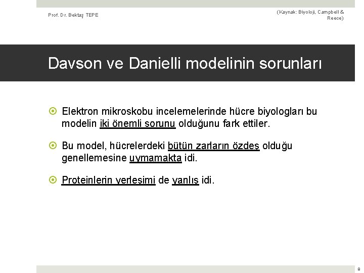 Prof. Dr. Bektaş TEPE (Kaynak: Biyoloji, Campbell & Reece) Davson ve Danielli modelinin sorunları