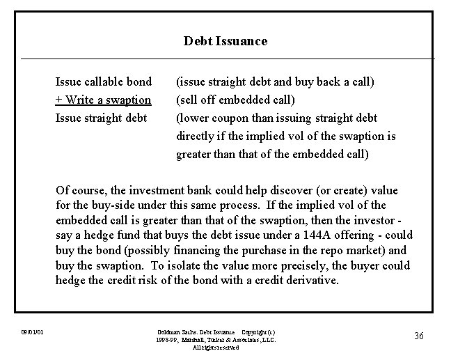 Debt Issuance Issue callable bond + Write a swaption Issue straight debt (issue straight