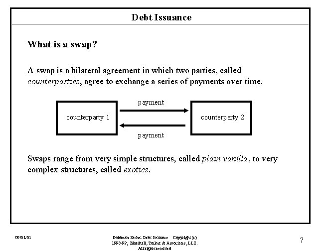 Debt Issuance What is a swap? A swap is a bilateral agreement in which