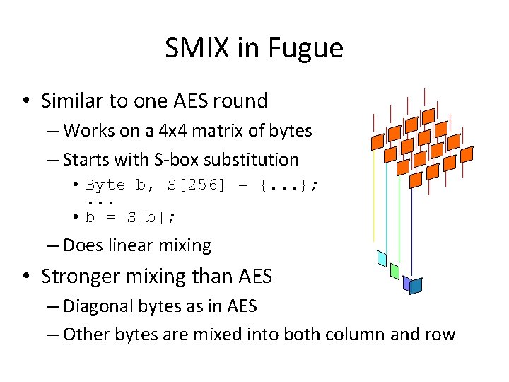 SMIX in Fugue • Similar to one AES round – Works on a 4 SMIX in Fugue • Similar to one AES round – Works on a 4